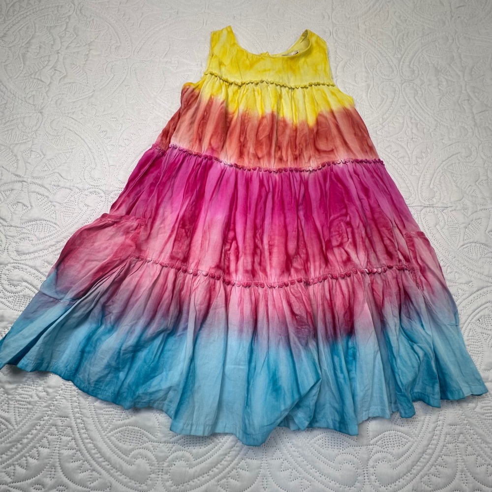 Pandemonium Girls Rainbow Tie Dye Tiered Dress Pockets Pom Pom‎ Trim Size 6X